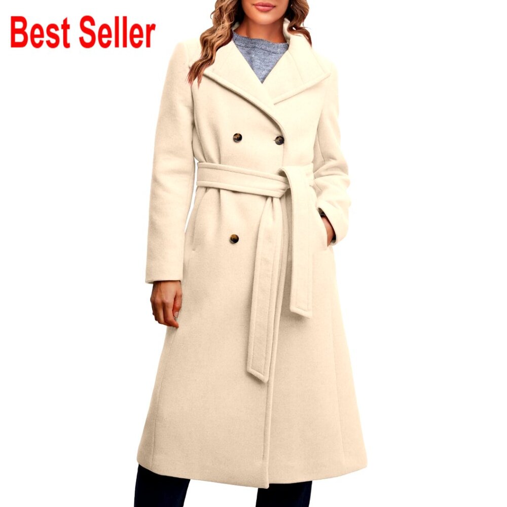 Double Breasted Wool Blend Pea Coat With Belt For Women Winter Office Wear